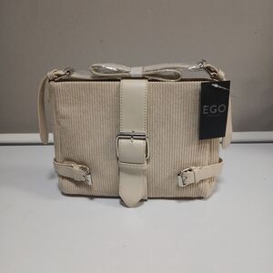 New! EGO Cream Corduroy Buckle Front Women's Mini Bag With Shoulfer Strap